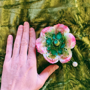 Silk Ranunculus Flowers Pink/Green Bejewelled Brooch