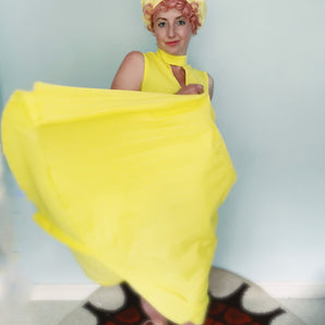 70s yellow pleated maxi dress *heavily stained/marked