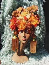 Load image into Gallery viewer, Bespoke orange and Gold floral wool Turban Tassel Headpiece
