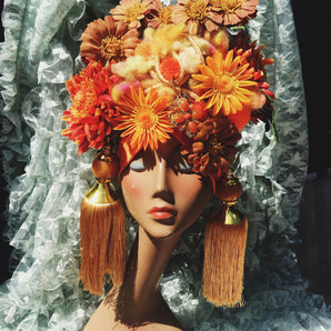 Bespoke orange and Gold floral wool Turban Tassel Headpiece