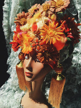 Load image into Gallery viewer, Bespoke orange and Gold floral wool Turban Tassel Headpiece
