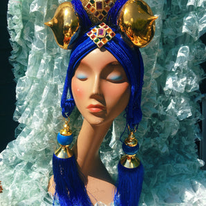 Bespoke Blue and Gold Bejewelled Turban Tassel Headpiece