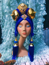 Load image into Gallery viewer, Bespoke Blue and Gold Bejewelled Turban Tassel Headpiece
