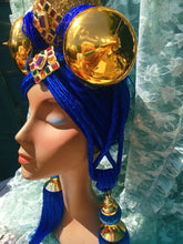 Load image into Gallery viewer, Bespoke Blue and Gold Bejewelled Turban Tassel Headpiece
