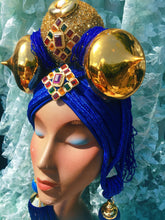 Load image into Gallery viewer, Bespoke Blue and Gold Bejewelled Turban Tassel Headpiece

