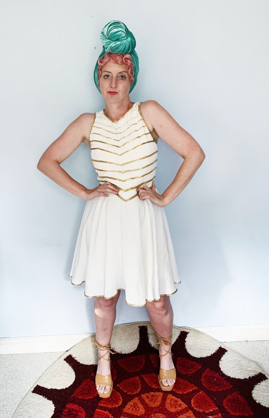 vintage 80s ice skater mini dress, white and gold
