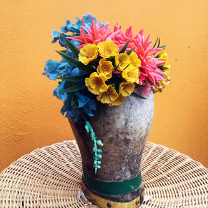 Vintage flowers Headdress in coral blue and yellow