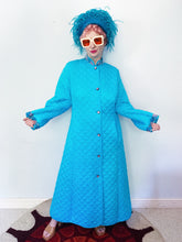 Load image into Gallery viewer, 70s BRIGHT blue quilted housecoat with floral trim

