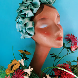 Green Silk Ruffle headband - Shine-Sheen finish - ASYMMETRICAL style