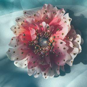 large Pink peony with Gold and pearl embellishments- Bejewelled Brooch and Hair Clip