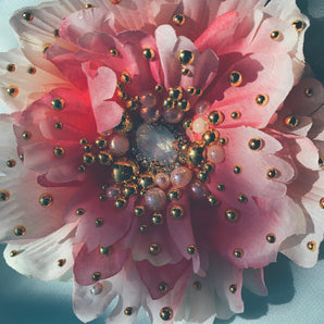 large Pink peony with Gold and pearl embellishments- Bejewelled Brooch and Hair Clip