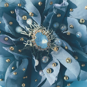 Gold and pearl blue cabbage rose Bejewelled Brooch and Hair Clip