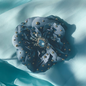 Gold and pearl blue cabbage rose Bejewelled Brooch and Hair Clip
