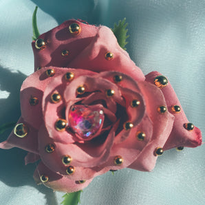 Gold Pink Rose Bejewelled Brooch