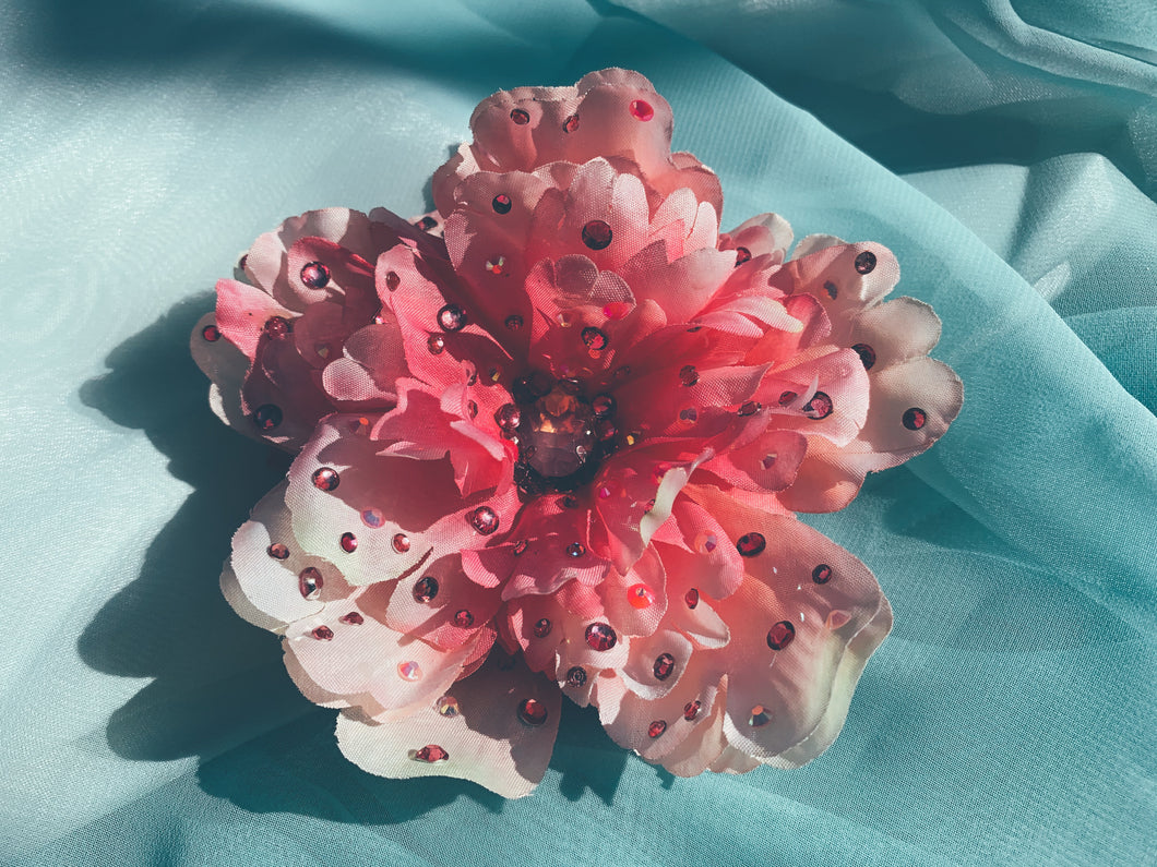 bejewelled pink peony brooch and hair clip