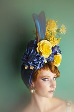 Load image into Gallery viewer, Blue and Yellow Vintage pleated Flower hat Turban with feathers
