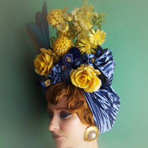 Blue and Yellow Vintage pleated Flower hat Turban with feathers