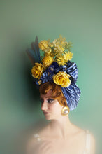 Load image into Gallery viewer, Blue and Yellow Vintage pleated Flower hat Turban with feathers
