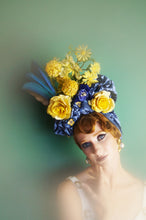 Load image into Gallery viewer, Blue and Yellow Vintage pleated Flower hat Turban with feathers
