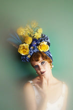 Load image into Gallery viewer, Blue and Yellow Vintage pleated Flower hat Turban with feathers
