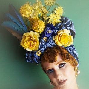 Blue and Yellow Vintage pleated Flower hat Turban with feathers