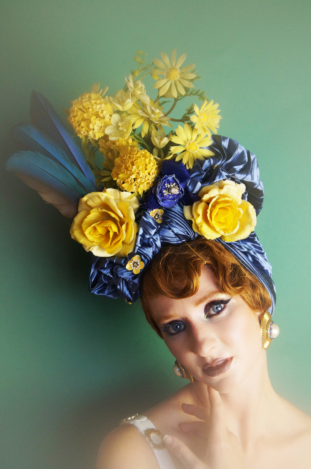Blue and Yellow Vintage pleated Flower hat Turban with feathers