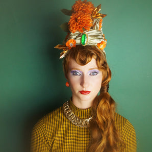 Mint Green and orange Metallic Vintage Flower Pleated Turban Hat
