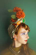 Load image into Gallery viewer, Mint Green and orange Metallic Vintage Flower Pleated Turban Hat
