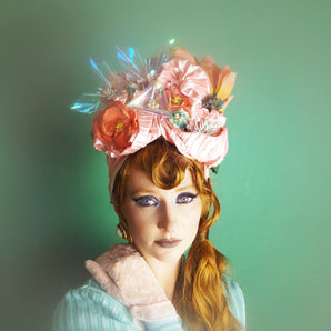 Pink Iridescent Metallic Vintage Flower Pleated Turban Hat
