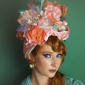 Pink Iridescent Metallic Vintage Flower Pleated Turban Hat