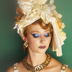 White and Gold Metallic Vintage Flower Pleated Turban