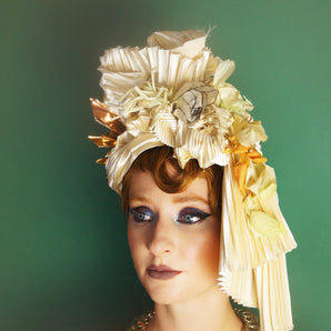 White and Gold Metallic Vintage Flower Pleated Turban