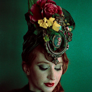 Floral Vintage Hat / Turban -Feather, millinery, Green, Pink Yellow