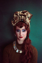 Load image into Gallery viewer, Gold Metallic Vintage Pleated Turban Hat with Black Sequin Flowers
