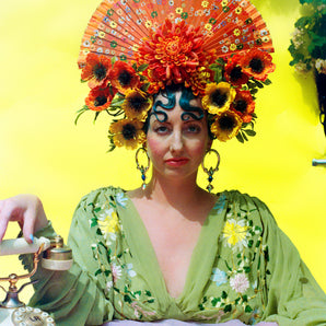 Giant orange fan Frida floral statement headdress / headpiece / crown