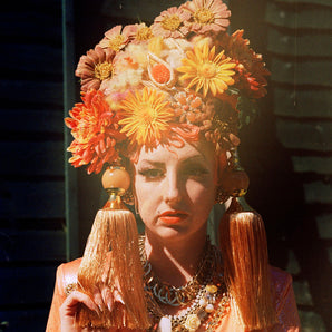 Bespoke orange and Gold floral wool Turban Tassel Headpiece