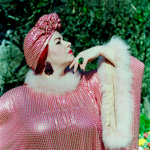 PINK Marabou Trimmed Sequin Kaftan Dress