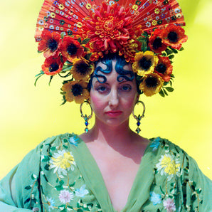 Giant orange fan Frida floral statement headdress / headpiece / crown