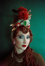 Load image into Gallery viewer, Mint Green and orange Metallic Vintage Flower Pleated Turban Hat
