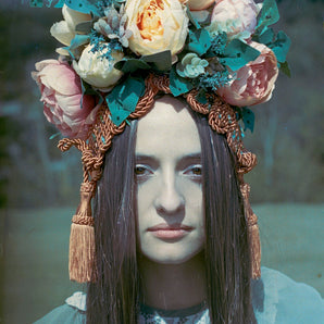 Braided and Jewel encrusted BRONZE and peach Floral Turban