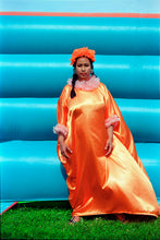 Load image into Gallery viewer, HOT Orange Rainbow Liquid Satin Ruffle kaftan Dress
