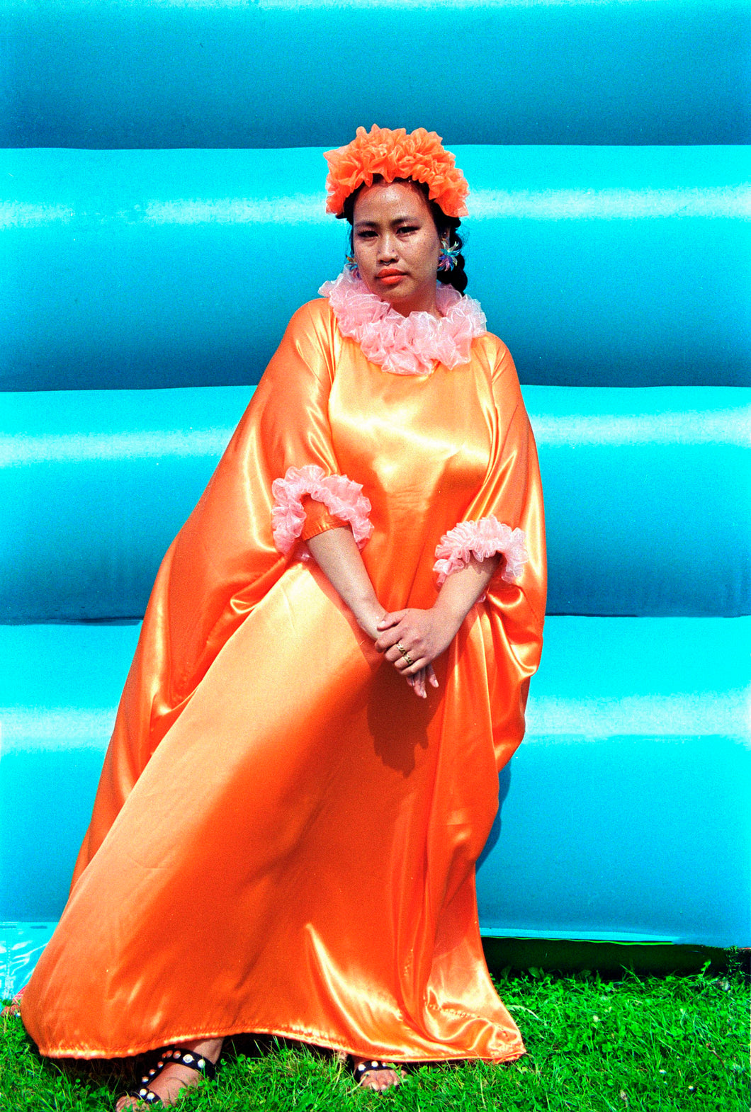 HOT Orange Rainbow Liquid Satin Ruffle kaftan Dress