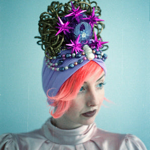 Bespoke Floral Vintage Hat / Turban - purple , gold, beaded