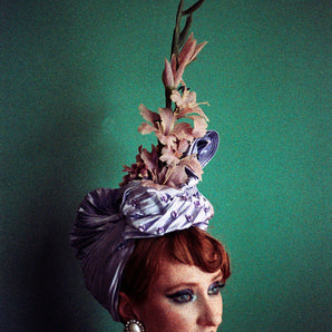 Lilac purple satin Vintage Flower Pleated Turban Hat