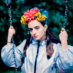 Vintage flowers Headdress in coral blue and yellow