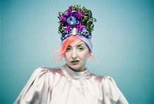 Load image into Gallery viewer, Bespoke Floral Vintage Hat / Turban - purple , gold, beaded

