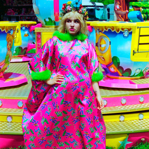 Colour POP bold print pink Kaftan with Lime Feather Trim