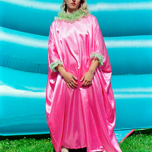 Pink Pink Liquid Satin Ruffle kaftan Dress