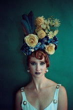 Load image into Gallery viewer, Blue and Yellow Vintage pleated Flower hat Turban with feathers
