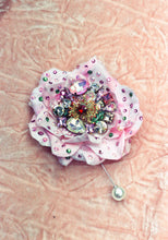 Load image into Gallery viewer, Heavily Bejewelled Rose Pastel Pink Pearl Pin Back Brooch
